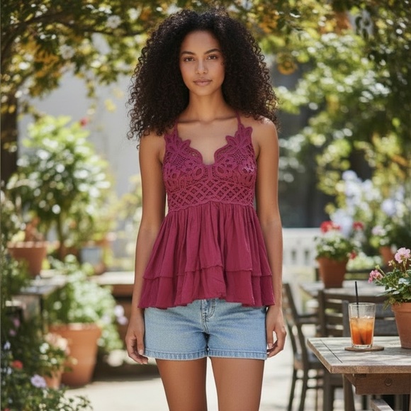 Zaful Tops - Zaful Rasberry Lace-Trim Tiered Cami